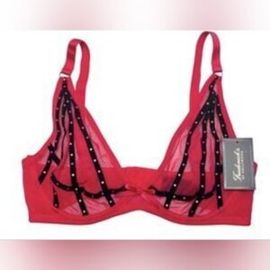 Fredericks of Hollywood Rozlyn Bra 32F Red/Black Mesh Gold Detail NWT $49.50